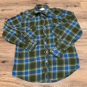 Vintage Wrangler Blue and Green Plaid Western Shirt
